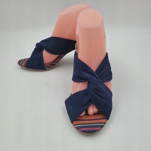 1901 Dasha Sandal Blue Leather Striped Block Heel Peep Toe Women's Size 7M - Picture 2 of 11